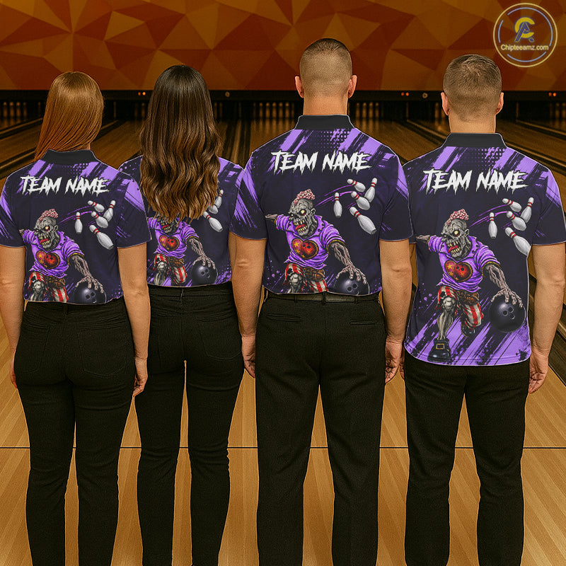 Custom Purple Funny Zombie Bowling Shirt For Men, Bowling Team League Jersey Polo & Quarter Zip TDM6499