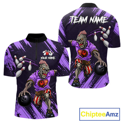 Custom Purple Funny Zombie Bowling Shirt For Men, Bowling Team League Jersey Polo & Quarter Zip TDM6499