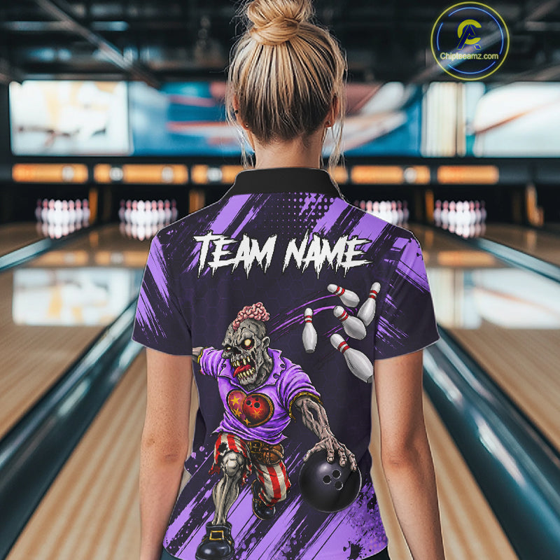 Custom Purple Funny Zombie Bowling Shirt For Women, Bowling Team League Jersey Polo & Quarter Zip TDM6499