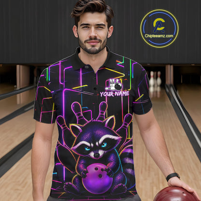 Man wearing a funny purple neon raccoon bowling polo shirt at a bowling alley front view.