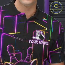 Load image into Gallery viewer, Close-up of a purple neon raccoon bowling polo shirt collar, buttons, and neon artwork.