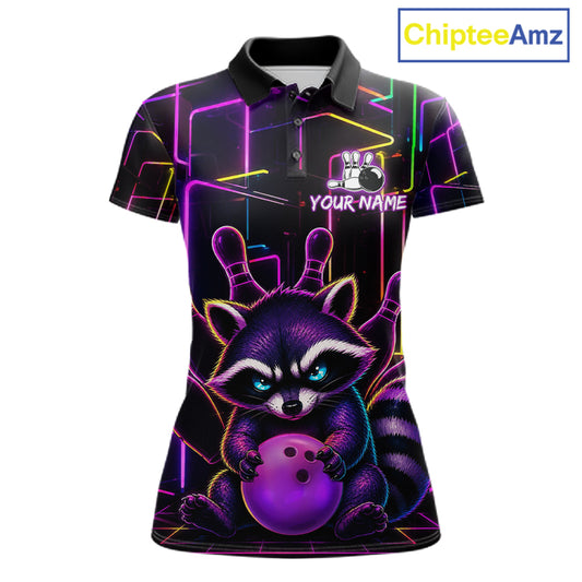 Funny purple neon raccoon bowling polo shirt for women with custom bowling team graphics.