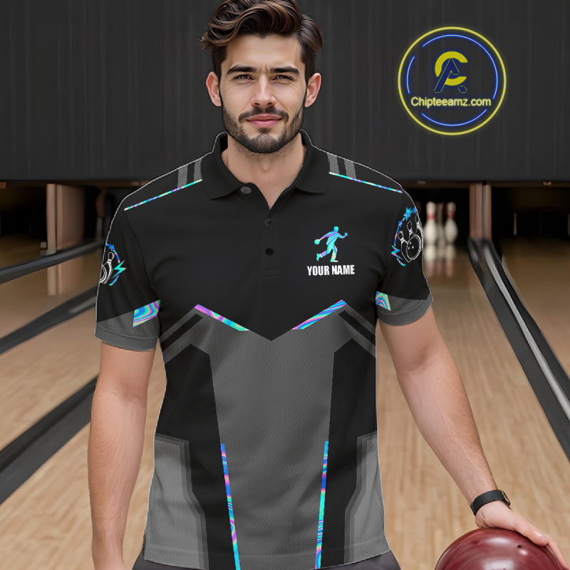 Man wearing a holographic bowling polo shirt at a bowling alley front view.