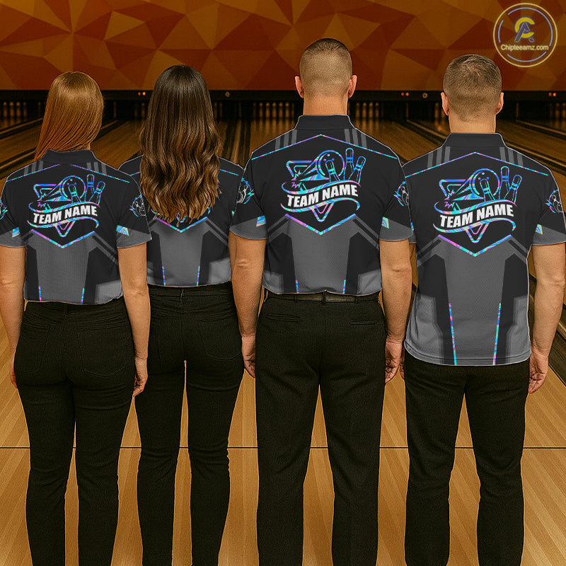 Back view of bowling team wearing matching holographic bowling shirts in a bowling alley
