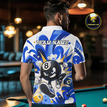 Load image into Gallery viewer, Man wearing blue funny 8 ball pool graffiti billiard team jersey polo shirt featuring colorful graffiti artwork, back view.