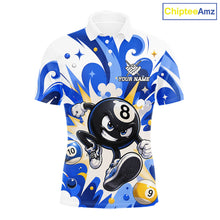 Load image into Gallery viewer, Blue funny 8 ball pool graffiti billiard team jersey polo shirt for men featuring colorful graffiti artwork, premium custom pool league apparel for tournaments, league matches and competitive billiard players.