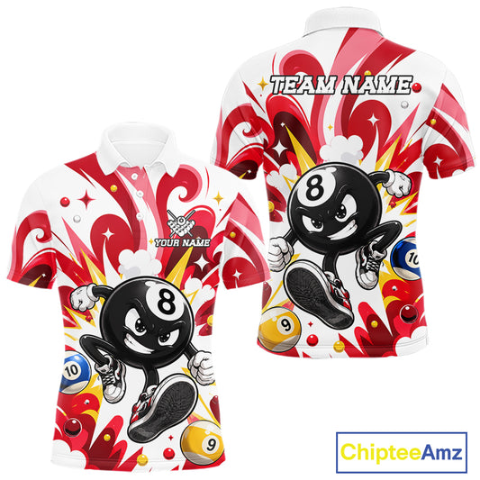 Red funny 8 ball pool graffiti billiard team jersey polo shirt for men featuring colorful graffiti artwork, premium custom pool league apparel for tournaments, league matches and competitive billiard players.