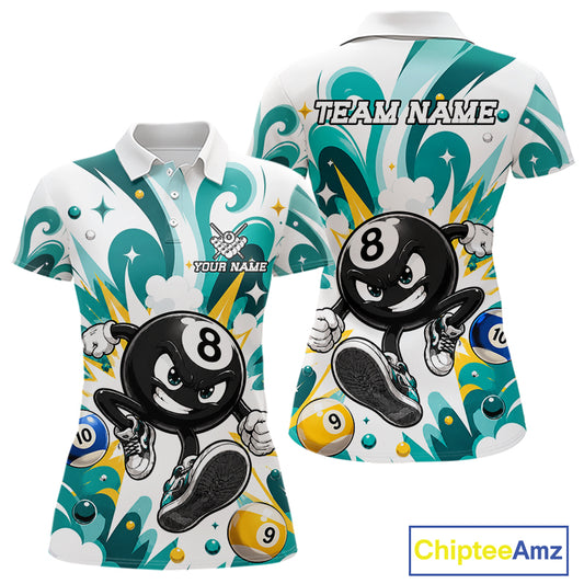 Teal funny 8 ball pool graffiti billiard team jersey polo shirt for women featuring colorful graffiti artwork, premium custom pool league apparel for tournaments, league matches and competitive billiard players.