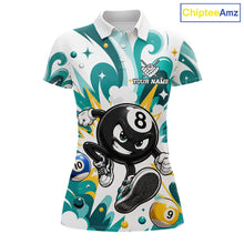 Load image into Gallery viewer, Teal funny 8 ball pool graffiti billiard team jersey polo shirt for women featuring colorful graffiti artwork, premium custom pool league apparel for tournaments, league matches and competitive billiard players.