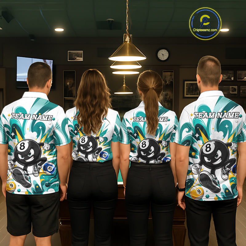 Billiard team wearing matching teal funny 8 ball pool graffiti team jerseys featuring vibrant street art graphics, back view.