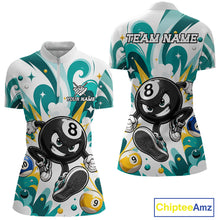 Load image into Gallery viewer, Teal funny 8 ball pool graffiti billiard team jersey quarter zip shirt for women featuring bold graffiti graphics, premium custom billiard league apparel for tournament play.