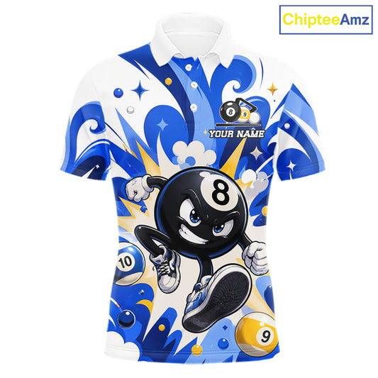 Funny silver 9 ball pool billiard team jersey polo shirt for men featuring a humorous 9 ball design, premium custom pool team apparel and billiard league jersey for tournaments, league play and everyday competition.