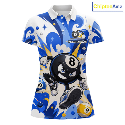 Blue funny graffiti 8 ball and 9 ball pool billiard team jersey polo shirt for women featuring colorful street art graphics, premium custom pool league apparel for tournaments and competitive billiard teams.