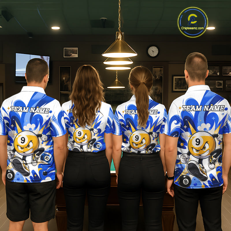 Billiard team wearing matching funny silver 9 ball pool team jerseys featuring playful billiard graphics, back view.