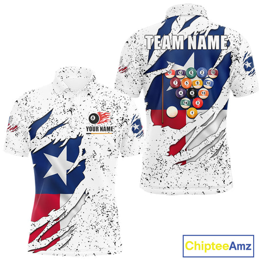 Black grunge Texas flag 8 ball pool billiard team jersey polo shirt for men featuring distressed Texas flag artwork with bold patriotic styling, premium custom pool league apparel for tournaments, league play and competitive billiard teams.