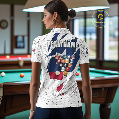 Woman wearing black grunge Texas flag 8 ball pool billiard team jersey polo shirt featuring distressed patriotic Texas flag artwork, back view.