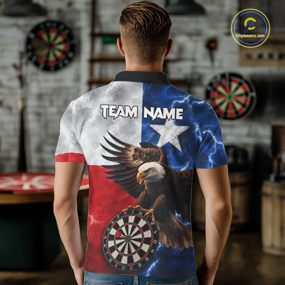 Man wearing Texas flag eagle lightning darts team jersey polo shirt featuring patriotic Texas flag eagle artwork, back view.