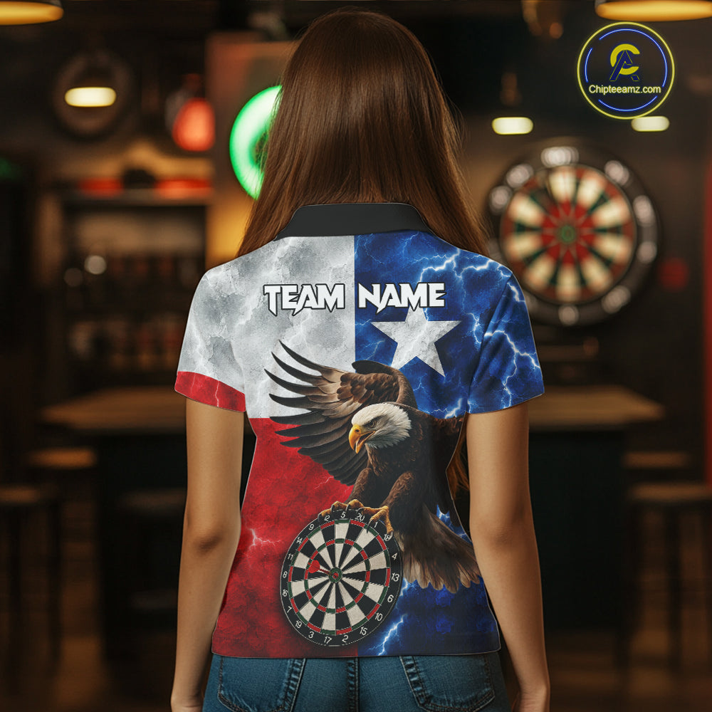 Woman wearing Texas flag eagle lightning darts team jersey polo shirt featuring patriotic Texas flag eagle artwork, back view.
