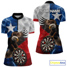 Load image into Gallery viewer, Texas flag eagle lightning darts team jersey quarter zip shirt for women featuring bold patriotic eagle and Texas flag artwork with lightning effects, premium custom darts league apparel.