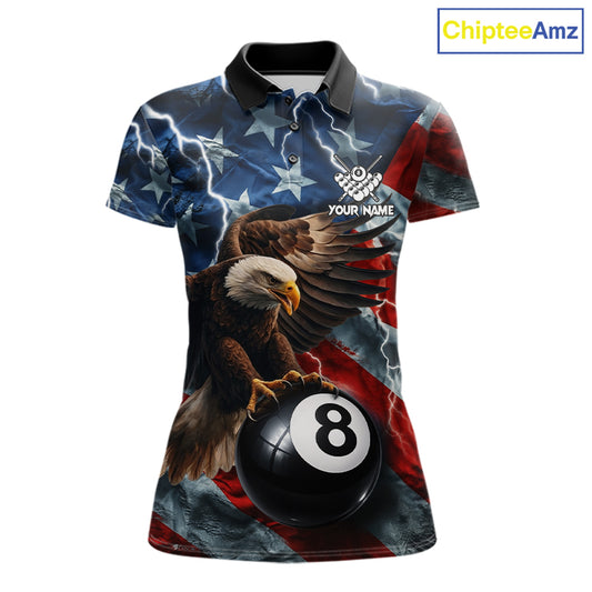 American flag eagle lightning 8 ball billiard pool team jersey polo shirt for women featuring patriotic eagle artwork with lightning effects, premium custom pool league apparel for tournaments and league play.