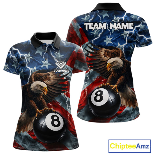 American flag eagle lightning 8 ball billiard pool team jersey polo shirt for women featuring patriotic eagle artwork with lightning effects, premium custom pool league apparel for tournaments and league play.