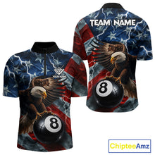 Load image into Gallery viewer, American flag eagle lightning 8 ball billiard pool team jersey quarter zip shirt for men featuring patriotic eagle graphics and lightning artwork for competitive billiard players.