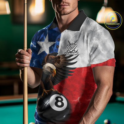 Man wearing Texas flag eagle lightning 8 ball billiard pool team jersey polo shirt featuring patriotic Texas eagle artwork, front view.