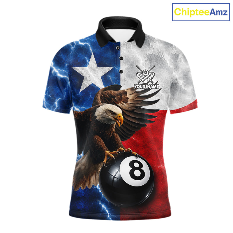 Texas flag eagle lightning 8 ball billiard pool team jersey polo shirt for men featuring patriotic Texas flag artwork with a soaring eagle and lightning effects, premium custom pool league apparel.