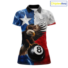 Load image into Gallery viewer, Texas flag eagle lightning 8 ball billiard pool team jersey polo shirt for women featuring patriotic Texas flag artwork with a soaring eagle and lightning effects, premium custom pool league apparel.