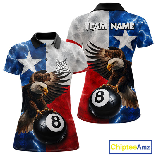 Texas flag eagle lightning 8 ball billiard pool team jersey polo shirt for women featuring patriotic Texas flag artwork with a soaring eagle and lightning effects, premium custom pool league apparel.