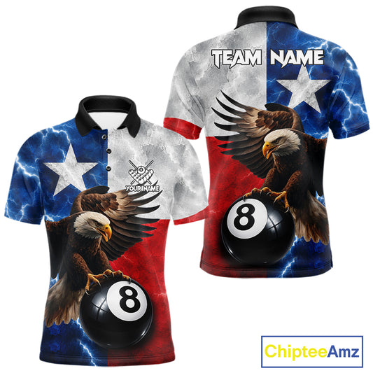 Texas flag eagle lightning 8 ball billiard pool team jersey polo shirt for men featuring patriotic Texas flag artwork with a soaring eagle and lightning effects, premium custom pool league apparel.