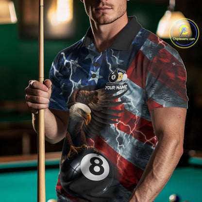 Man wearing custom American flag eagle lightning 8 ball and 9 ball billiard pool team jersey polo shirt featuring patriotic eagle artwork, front view.