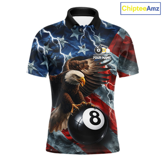 Custom American flag eagle lightning 8 ball and 9 ball billiard pool team jersey polo shirt for men featuring patriotic eagle artwork with lightning effects, premium custom pool league apparel for tournaments.