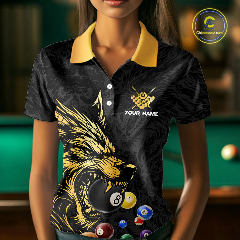Personalized Wolf Billiard Balls Pool Shirts For Women, Black And Gold Billiard League Team Jerseys TDM5204
