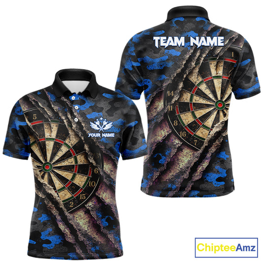 Blue Retro Grunge Camo Darts Shirt For Men Custom Darts Jersey Team Polo & Quarter Zip Uniform TDM5449