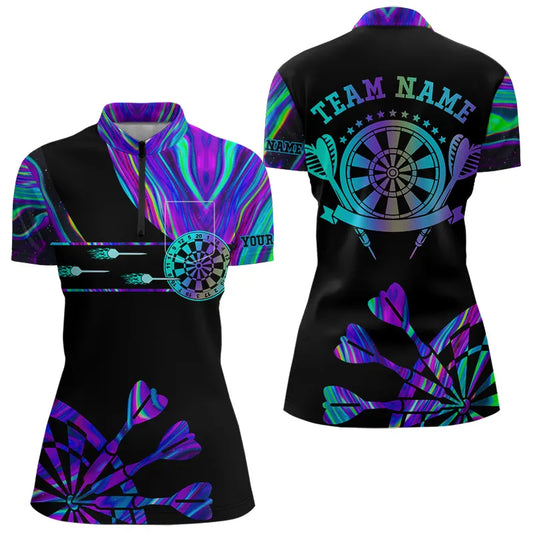 Neon Purple Blue Tie Dye Darts Shirt With Pocket For Women Custom Dart Jersey TDM3559