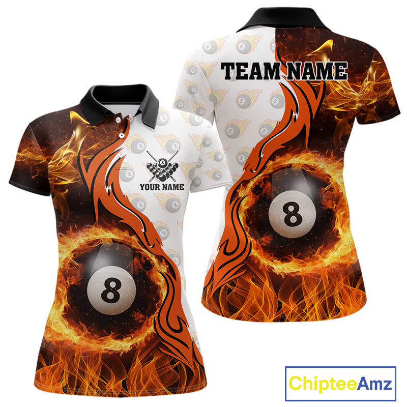 Orange Flaming 8 Ball Pool Billiard Shirt For Women Custom Billiard Team Jersey Polo & 1/4 Zip TDM5925