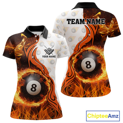 Orange Flaming 8 Ball Pool Billiard Shirt For Women Custom Billiard Team Jersey Polo & 1/4 Zip TDM5925