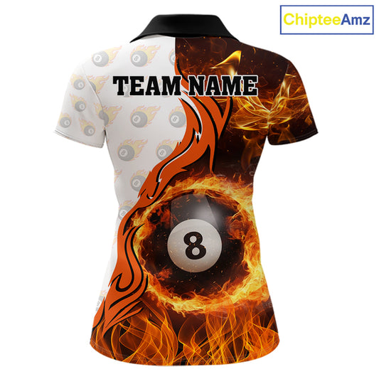Orange Flaming 8 Ball Pool Billiard Shirt For Women Custom Billiard Team Jersey Polo & 1/4 Zip TDM5925