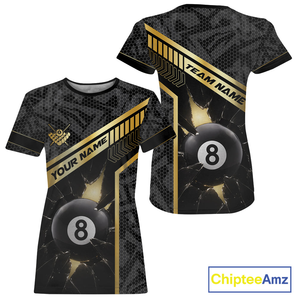 Black And Gold 8 Ball Break Glass Billiard T-Shirt For Women Custom Pool Team Jersey, Billiard Gifts TDM6069