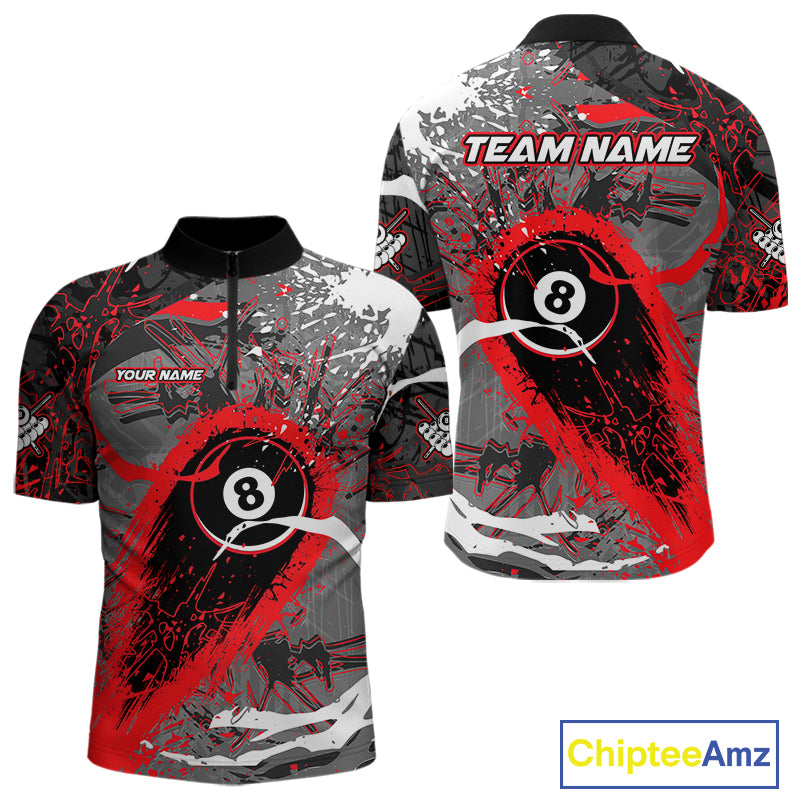 Red Grunge 8 Ball Pool Custom Billiard Shirts For Men, Billiard Team Jerseys Polo 1/4 Zip TDM6073