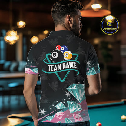 Funny Pink And Turquoise Diamonds Billiard Shirt For Men, 8 Ball Pool Team Jersey Polo & 1/4 Zip TDM6325