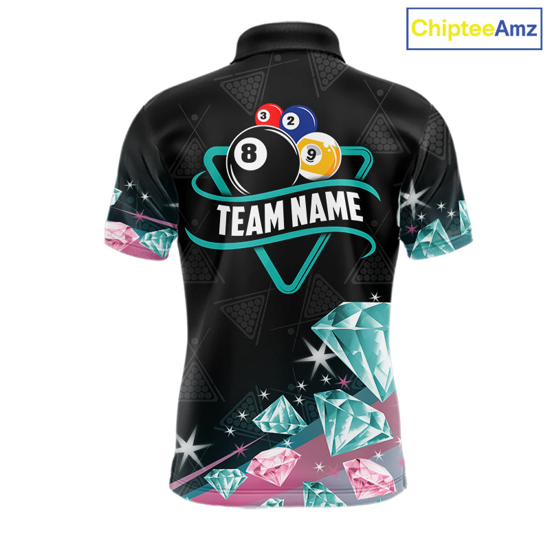 Funny Pink And Turquoise Diamonds Billiard Shirt For Men, 8 Ball Pool Team Jersey Polo & 1/4 Zip TDM6325