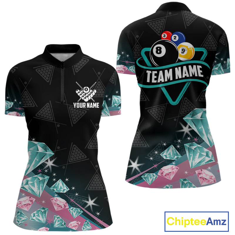 Funny Pink And Turquoise Diamonds Billiard Shirt For Women, 8 Ball Pool Team Jersey Polo & 1/4 Zip TDM6325