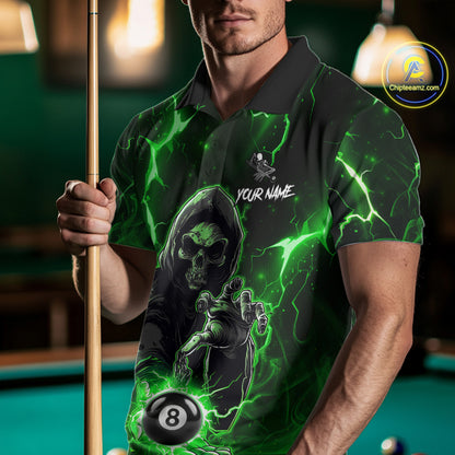 Green Grim Reaper 8 Ball Billiard Shirt For Men Custom Lightning Billiard Team Jersey Polo, 1/4 Zip TDM6326