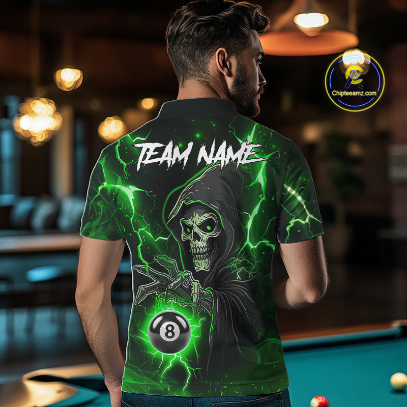 Green Grim Reaper 8 Ball Billiard Shirt For Men Custom Lightning Billiard Team Jersey Polo, 1/4 Zip TDM6326