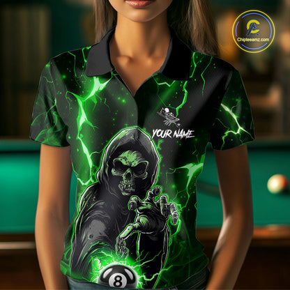 Green Grim Reaper 8 Ball Billiard Shirt For Women Custom Lightning Billiard Team Jersey Polo, 1/4 Zip TDM6326