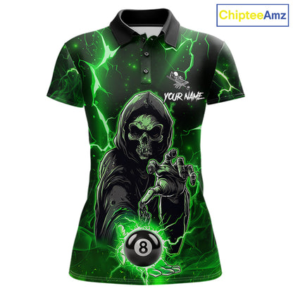 Green Grim Reaper 8 Ball Billiard Shirt For Women Custom Lightning Billiard Team Jersey Polo, 1/4 Zip TDM6326