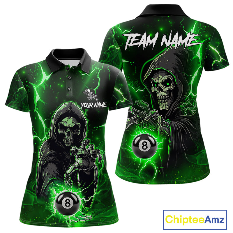 Green Grim Reaper 8 Ball Billiard Shirt For Women Custom Lightning Billiard Team Jersey Polo, 1/4 Zip TDM6326