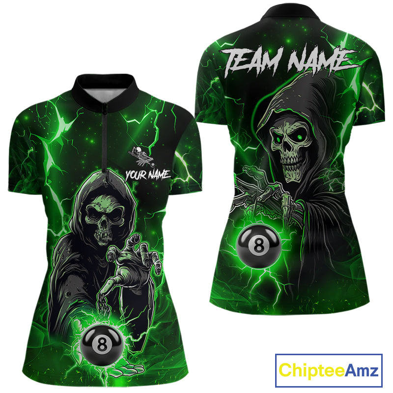 Green Grim Reaper 8 Ball Billiard Shirt For Women Custom Lightning Billiard Team Jersey Polo, 1/4 Zip TDM6326